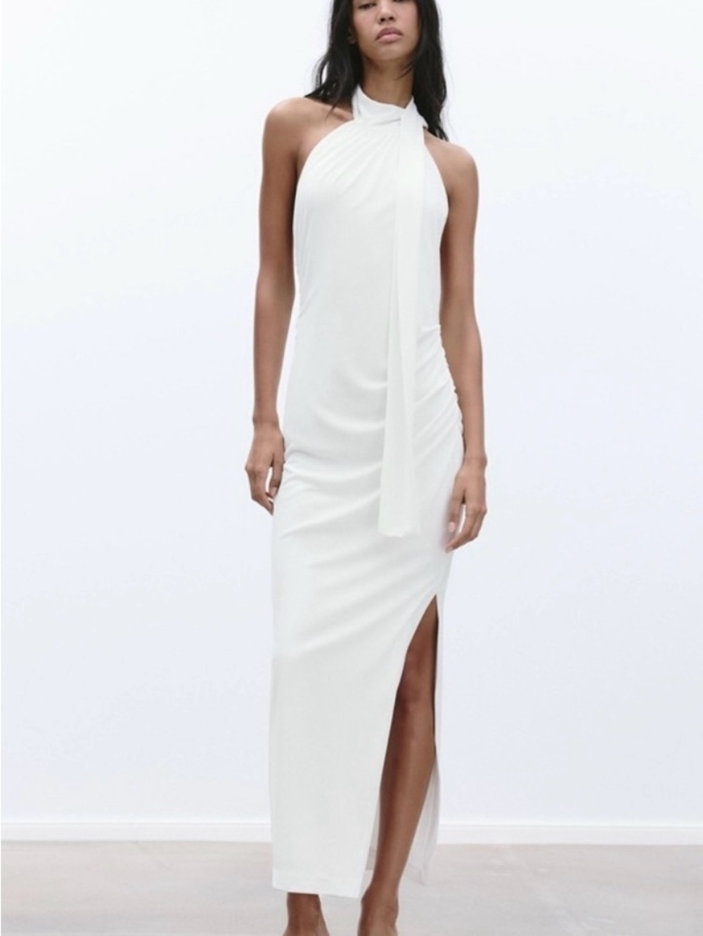 Zara White Backless Halter Maxi Dress with Side Slit
